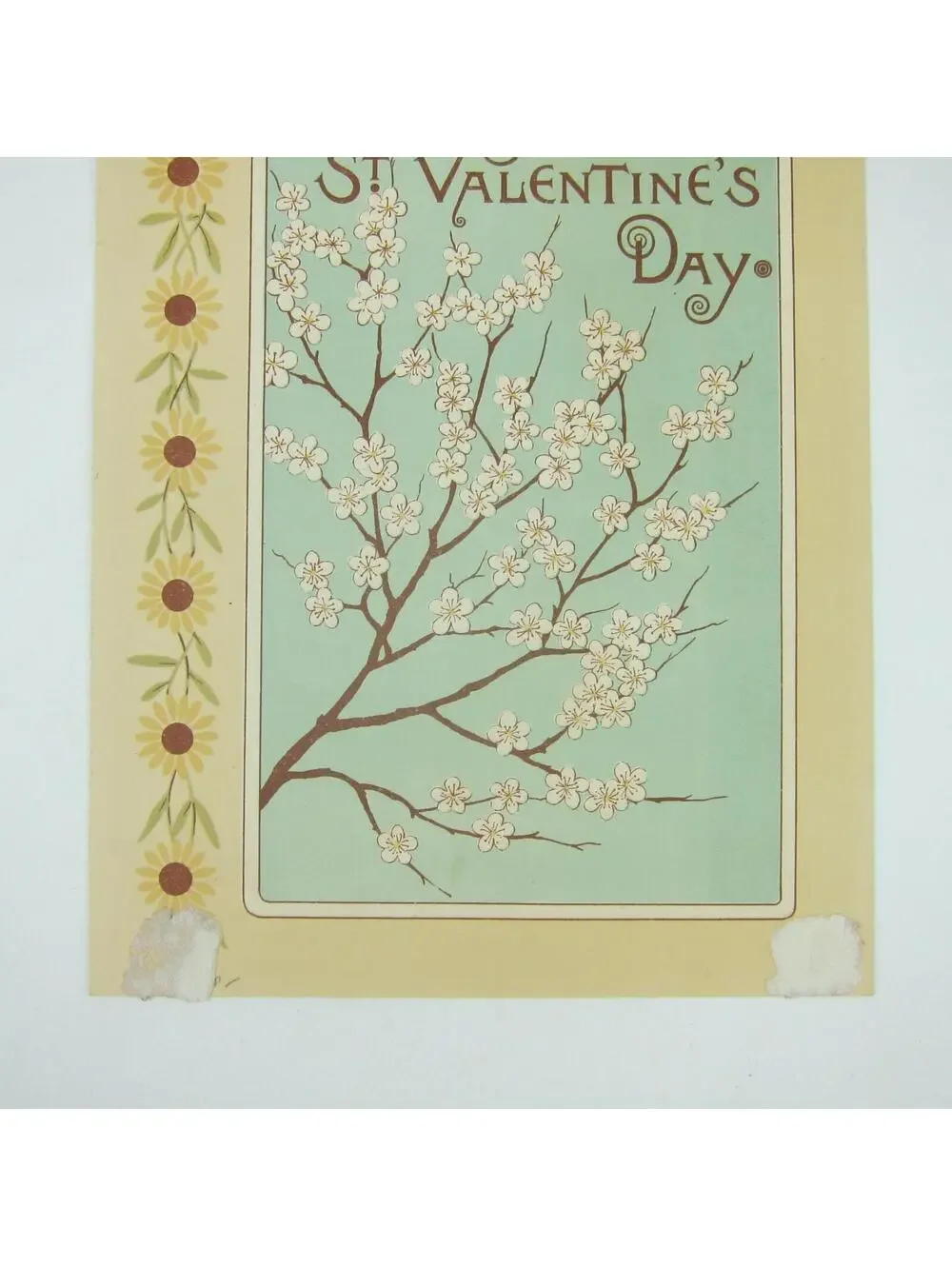 Victorian Valentine Card Red Geranium Flowers Tree White Blossoms Back Antique